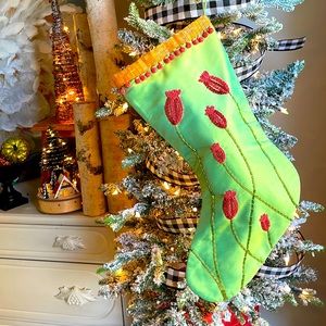 100% silk Christmas stocking. Green silk, green, red bead work.